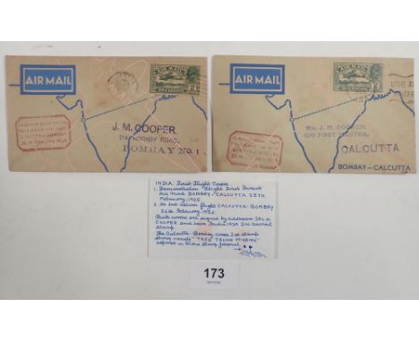 India First Direct Flight covers 1935 (2), Bombay-Calcutta outwards journey 25 Feb and return journey 26 Feb. Note "Tree trun