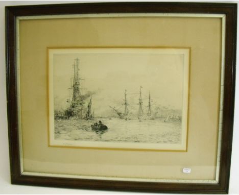 William Lionel Wyllie - etching harbour scene, 18 x 27cm 