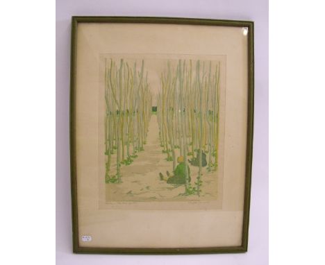 Phyllis Jerrold - vintage print Spring in the Hop Garden, signed in pencil, 20 x 25cm 
