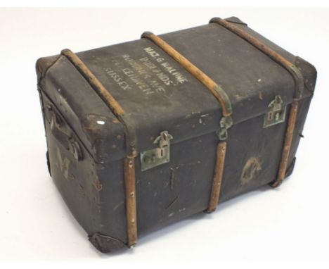 An old wood bound trunk painted 'Mag Malone', 76cm wide