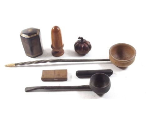 A group of treen including a punch ladle and toddy ladle plus leather blade case etc. 