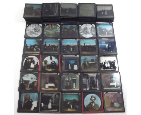 A large selection of magic lantern slides, mainly part sets of Bamforths Life Model series showing Victorian actors in story 
