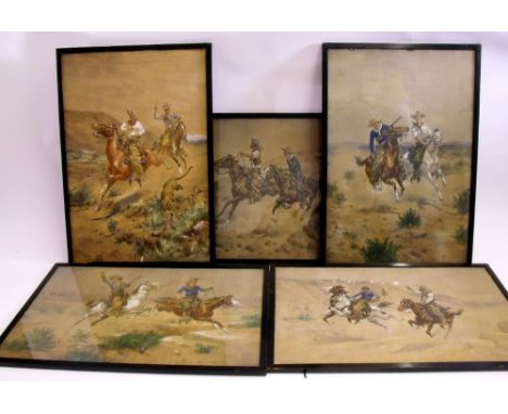 A set of five prints of cowboys by H W Hanson after C Klackner, 32 x 46cm (two unglazed)