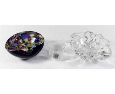 A Lalique small pot moulded shells marked R Lalique, Paris, a Daum Studio glass dish and a Murano glass dish in the style of 