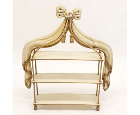 An ornate vintage carved wall shelf with bow and ribbon motif surmount, 88cm high x  76.5cm wide 