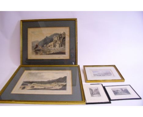 A pair of prints by William Daniels of Clovelly and Hartland Pier, 17 x 24 plus an engraving of Weymouth Esplanade and two mi