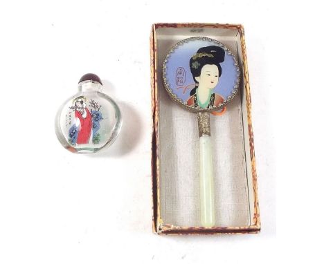 A Japanese glass perfume bottle and a Japanese jade hand mirror with case 