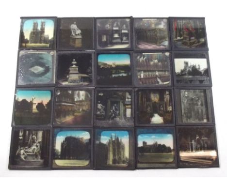 A collection of late 19th/early 20thC magic lantern photographic slides, mainly cathedrals, castles and street scenes to incl