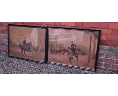 A pair of 19th century coloured prints society city scenes with coaches and lady riding side saddle, 66 x 79cm 