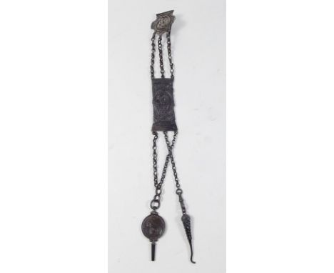 A continental silver chatelaine chain with embossed panels, watch key and button hooks