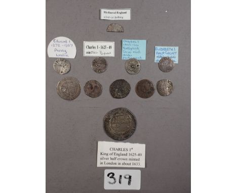 A quantity of silver hammered coinage including: Edward I long cross penny, silver cut halfpenny, Elizabeth I: halfgroat seco