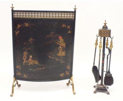 A Japanned metal fireside set and fire screen 