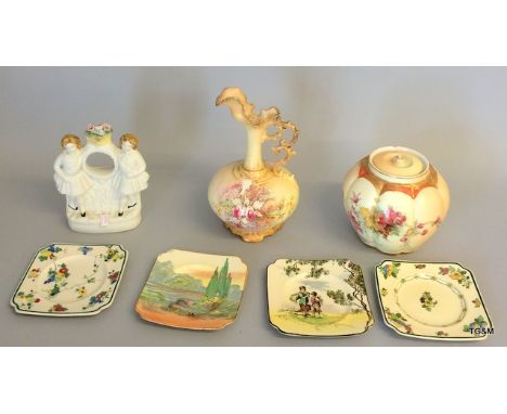 A Victorian Royal Worcester Blush jug and tea caddy, Staffordshire flat back clock holder and Doulton plates