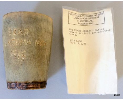 A WW1 3rd Kings African Rifles trench art horn cup 4 inches high which is crudely engraved 3 KAR Latema Nek 1916. With a Whit