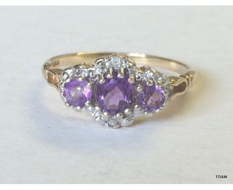 9ct gold ladies antique style diamond and amethyst ring size L