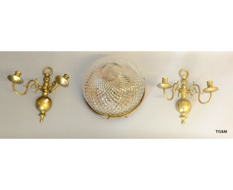Irish cut glass domed ceiling light and two brass wall light fittings 