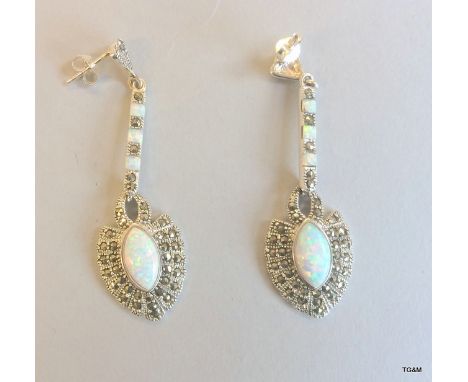 A pair of silver marcasite and opal Art Deco style drop earrings