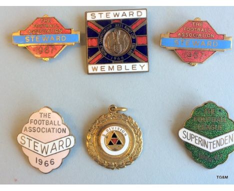 A collection of 6 Football Steward badges to include 1966, 1967 and World championship  Jules Rimet cup England 1966 and a 19