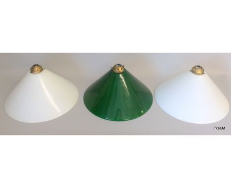 A retro glass pyramid light in green and two retro pyramid lights in white from a games tables 40cm in diameter x 20cm deep 