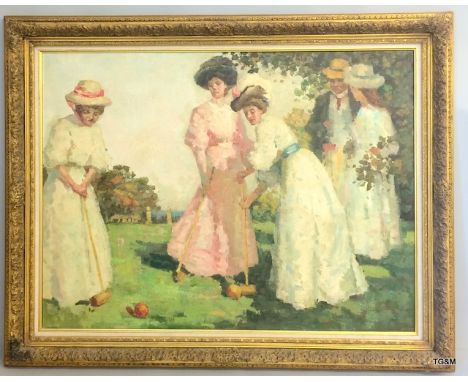 A Gilt framed Oil on Canvas  of ladies playing croquet. 95 x 122 cm