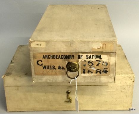 Two early 20th century cloth covered wooden storage boxes 38cms x 23cms x 12cms belonging to the Archdeaconry of Sarum and ma