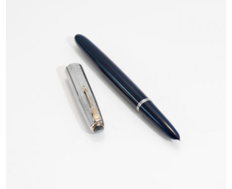 A Parker fountain pen. A Parker 51 Blue Diamond Vacumatic in black with stirling silver cap. Cap is dented and worn 