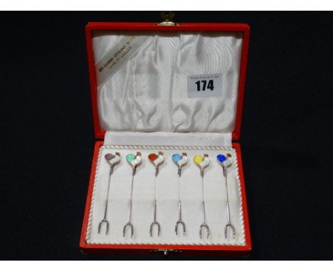     A Cased Set Of Six Danish Silver &amp; Enamel Decorated Cocktail Forks In Original Case                                  