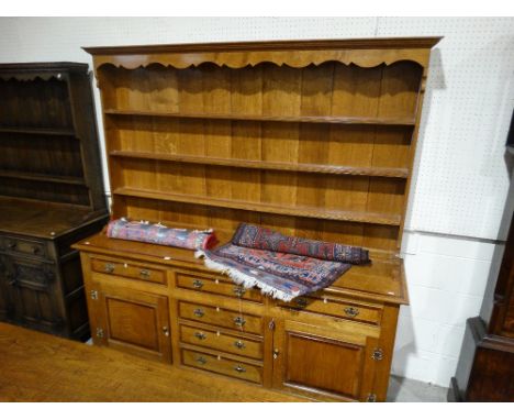     A Quality Reproduction Oak &amp; Mahogany Crossbanded North Wales Dresser, Having A Three Shelf Rack And A Base With Cupb