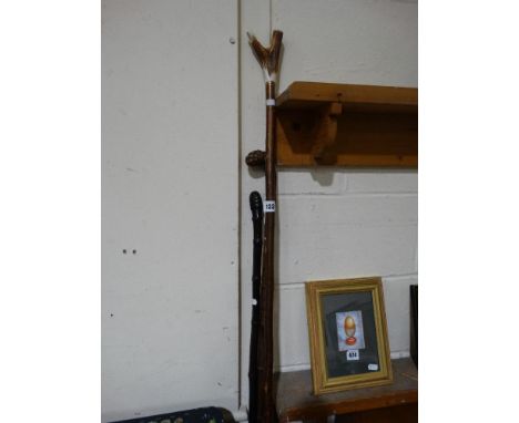     Two Knotwood Canes, Together With An Antler Topped Stick                        
