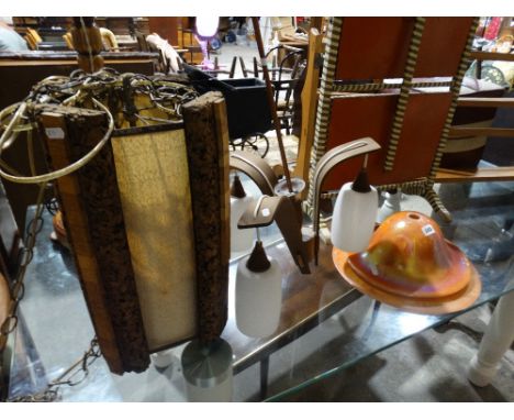     A Cork &amp; Fabric Mid Century Light Shade, Together With Similar Light Fittings   