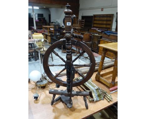     An Antique Welsh Spinning Wheel On A Typical Bobbin Turned Frame, 40" High      
