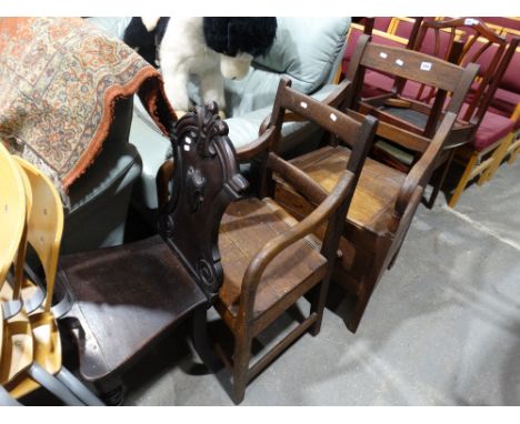     Two Antique Oak Farmhouse Chairs, Together With A Victorian Hall Chair          