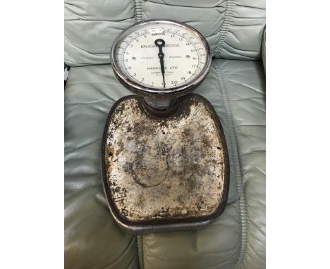 A set of Harrods Ltd "The Knightsbridge" twenty stone weighing scales, a Victorian brass bound copper urn shaped samovar, Vic