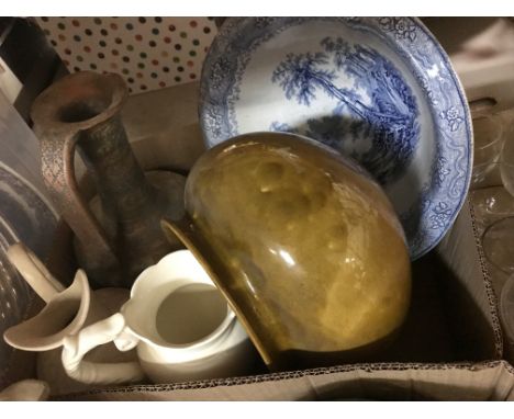 Two boxes of assorted glassware to include Stuart liqueur glasses, a cut glass biscuit barrel, etc and a Goebel "Monk" cruet 