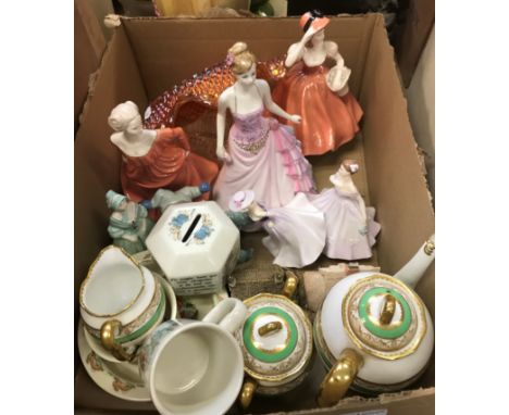 A collection of collectable china to include a Nao figure of a clown, six various Coalport figures, a Royal Albert green and 