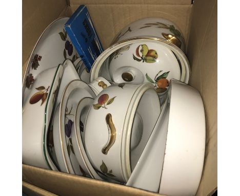 A box containing a Le Creuset fondue set, box containing various Royal Worcester "Evesham" dinner wares, a copper coal bucket