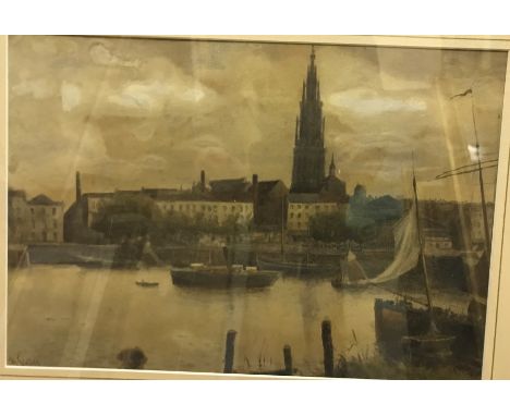 H SYKES "Harbour scene with cathedral in background", watercolour heightened with white, signed lower left, 24.5 cm x 35 cm, 