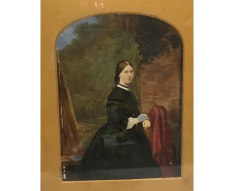 19TH CENTURY ENGLISH SCHOOL "Portrait study of young woman in black dress by a garden wall", within a gilt gesso frame and gl
