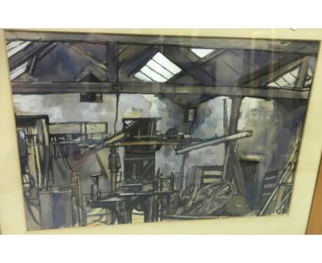 DONALD PITTOCK "Workshop interior with lathe in foreground", pen and ink and watercolour, signed and dated 1956 lower left, 3