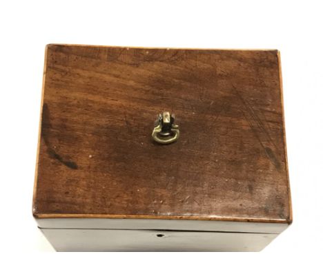 A late George III mahogany and satinwood strung single section tea caddy 11.6cm wide x 11cm high, another mahogany single sec