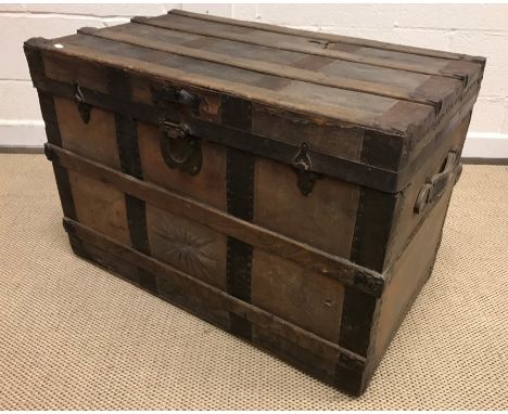 A 19th Century elm trunk of plain form, 80 cm wide x 36.5 cm deep x 31 cm high, together with a strapwork trunk, 81 cm wide x
