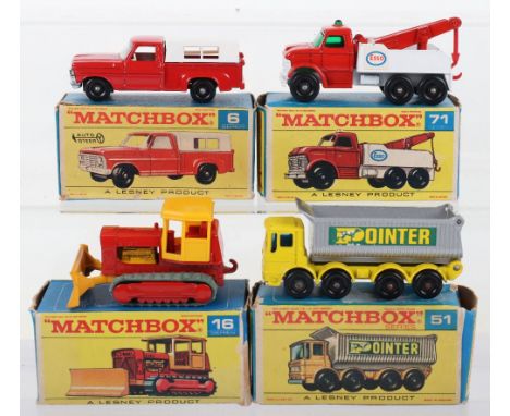 Four Matchbox Lesney boxed models, including No. 6 Ford Pickup truck, red body, tan interior and white top cab, in near mint 