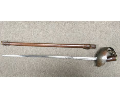 A 1908 officers cavalry sword with matching leather scabbard. The blade measuring approximately 89cm with a hilt measuring ap