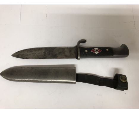 A German WW2 Hitler youth knife with scabbard and a maker marked blade by Grawiso, Solingen