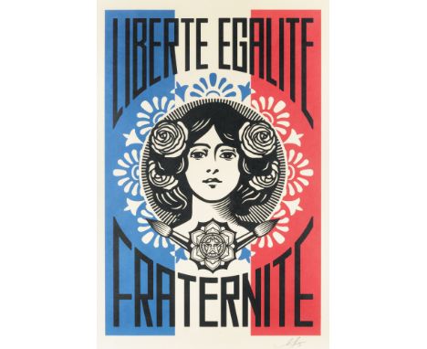 Shepard Fairey (American 1970-), 'Liberte, Egalite, Fraternite', 2018, offset lithograph in colours on cream Speckle Tone pap