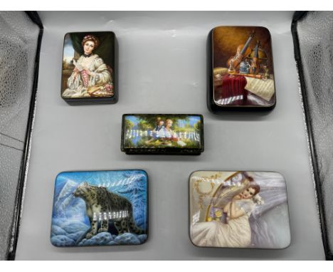Five Genuine Fedoskino Russian Lacquer Boxes signed by Korolieva E. , Danshin K. , Danshina S. and Pyastolov A.
Good Conditio