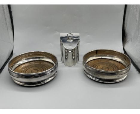 Solid HM Silver Tea Caddy along with pair of Silver plated Coasters. Total Silver weight 170gr