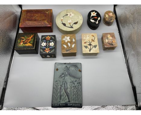 Seven Mother of Pearl inlaid Vintage Indian Trinket Boxes along with Russian Lacquer Box by S.Paleh and Borodina L. and other