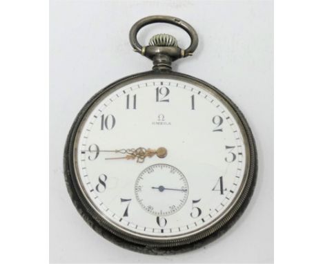 OMEGA: A SWISS SILVER POCKET WATCH  CIRCA 1910 keyless wind movement  white enamel dial with Arabic numerals  silver open fac