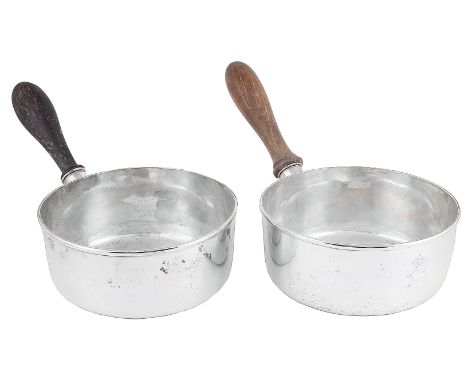 A PAIR OF VICTORIAN SILVER SAUCEPANS  HUNT &amp; ROSKELL  LONDON  1878 circular  each engraved below the moulded rim with a m